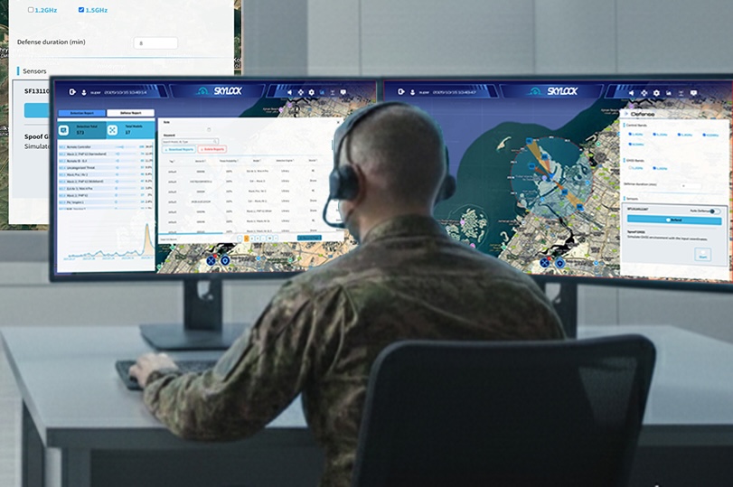 Skylock Counter-UAS system monitoring drone threats through a multi-screen command and control interface