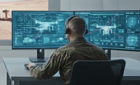 Military operator monitoring drone detection and tracking data across multiple surveillance screens in a control room