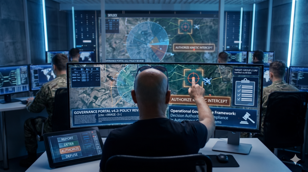 Military operator in a high-tech C-UAS command center authorizing a kinetic drone intercept via an AI-enabled governance portal.