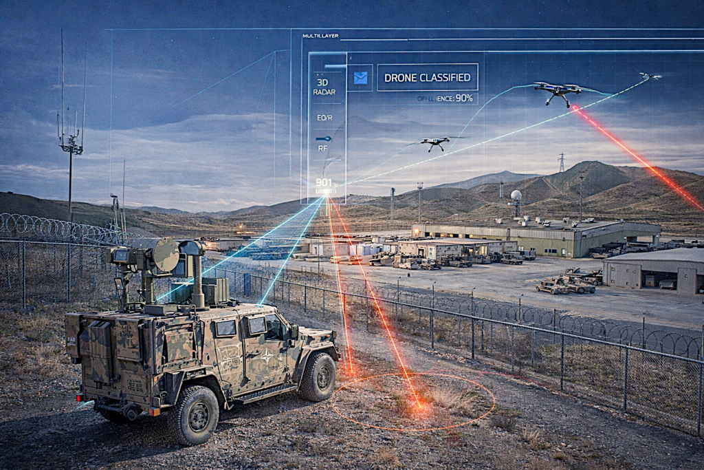 Radar, EO/IR and RF Sensor Fusion for Counter-Drone Operations Counter-drone defense system protecting a military base with integrated radar, EO/IR, and RF sensors tracking multiple drone threats in real time
