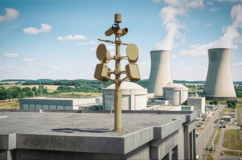 Skylock counter-drone detection system installed on a rooftop overlooking critical energy infrastructure