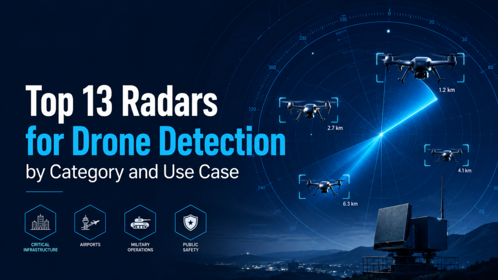 Skylock-style radar graphic showing multiple drones detected at different ranges, illustrating radar-based drone detection across different operational environments.